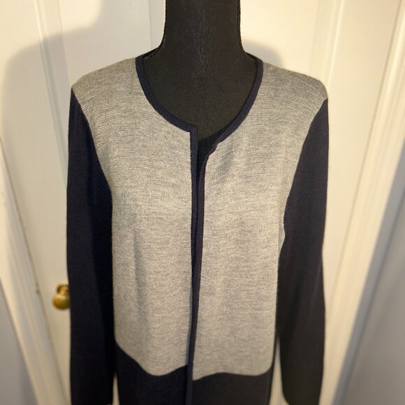 Talbots Plus Navy/Grey Open Cardigan, Long, Merino Blend, Sz 1x - Picture 1 of 8